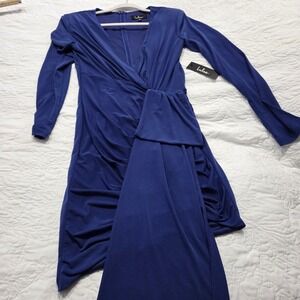 NWT Lulus Deep Royal Blue Draped Knot Front Long Sleeve Midi Dress Size M
